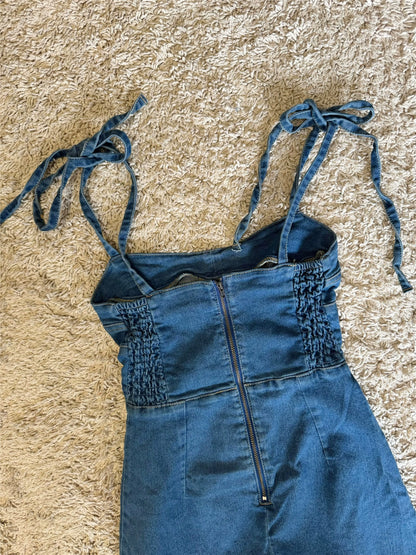 bow lace-up cotton denim dress