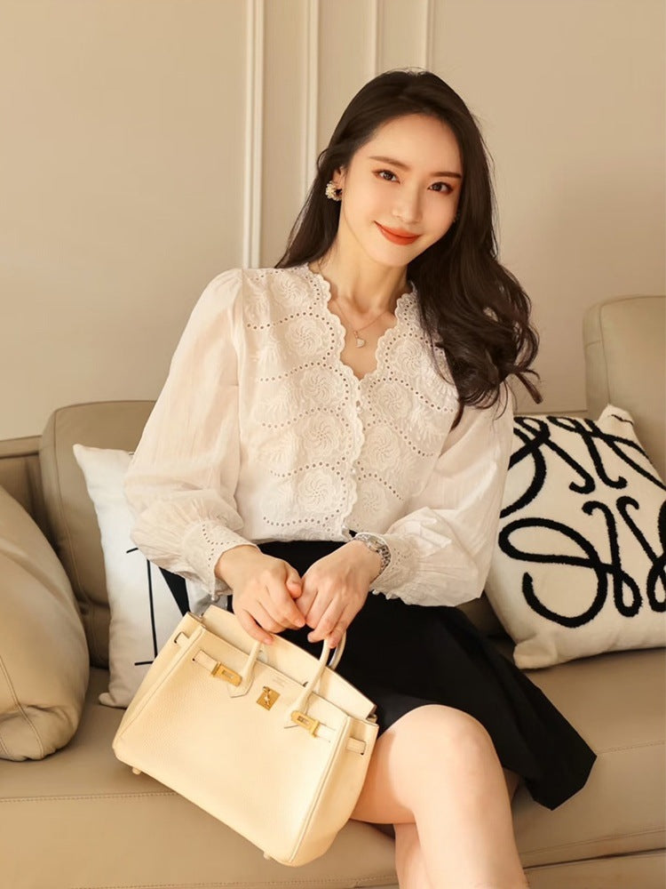 French floral embroidered openwork wavy collar shirt