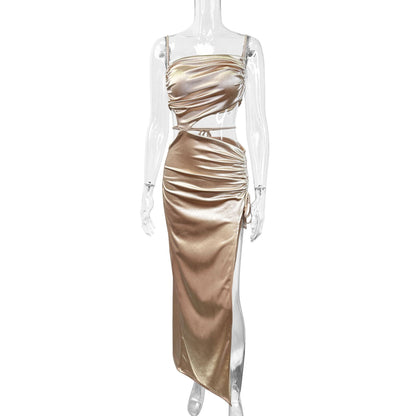 Pleated off-shoulder backless high-slit dress