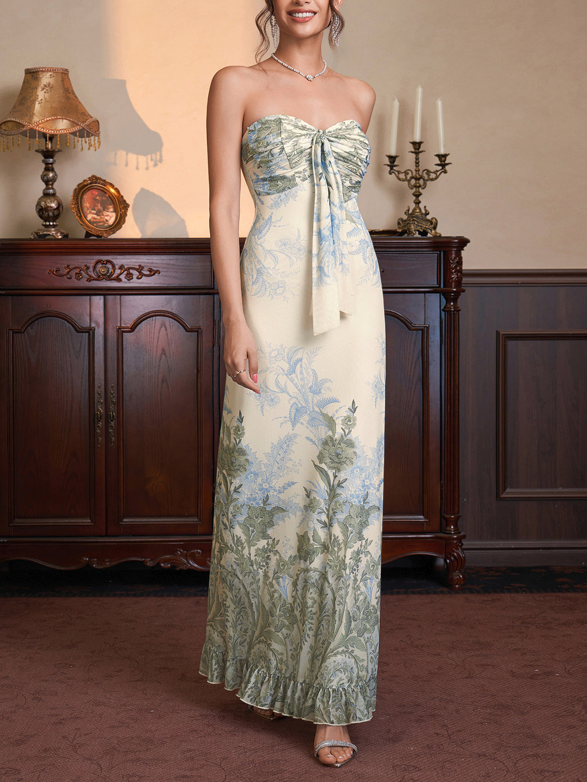 green mesh print strapless back ruffled embroidered dress