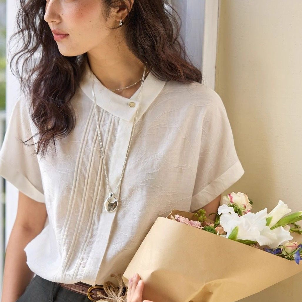 Linen jacquard asymmetrical collared shirt for summer