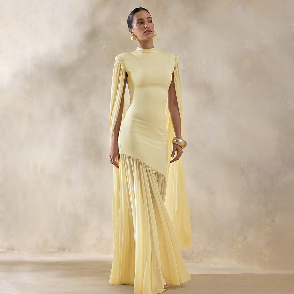 yellow mesh streamer maxi dress