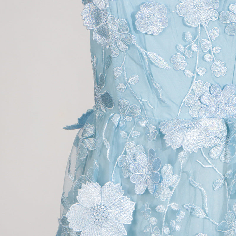 Selene floral embroidery Tiered Maxi Dress In Blue