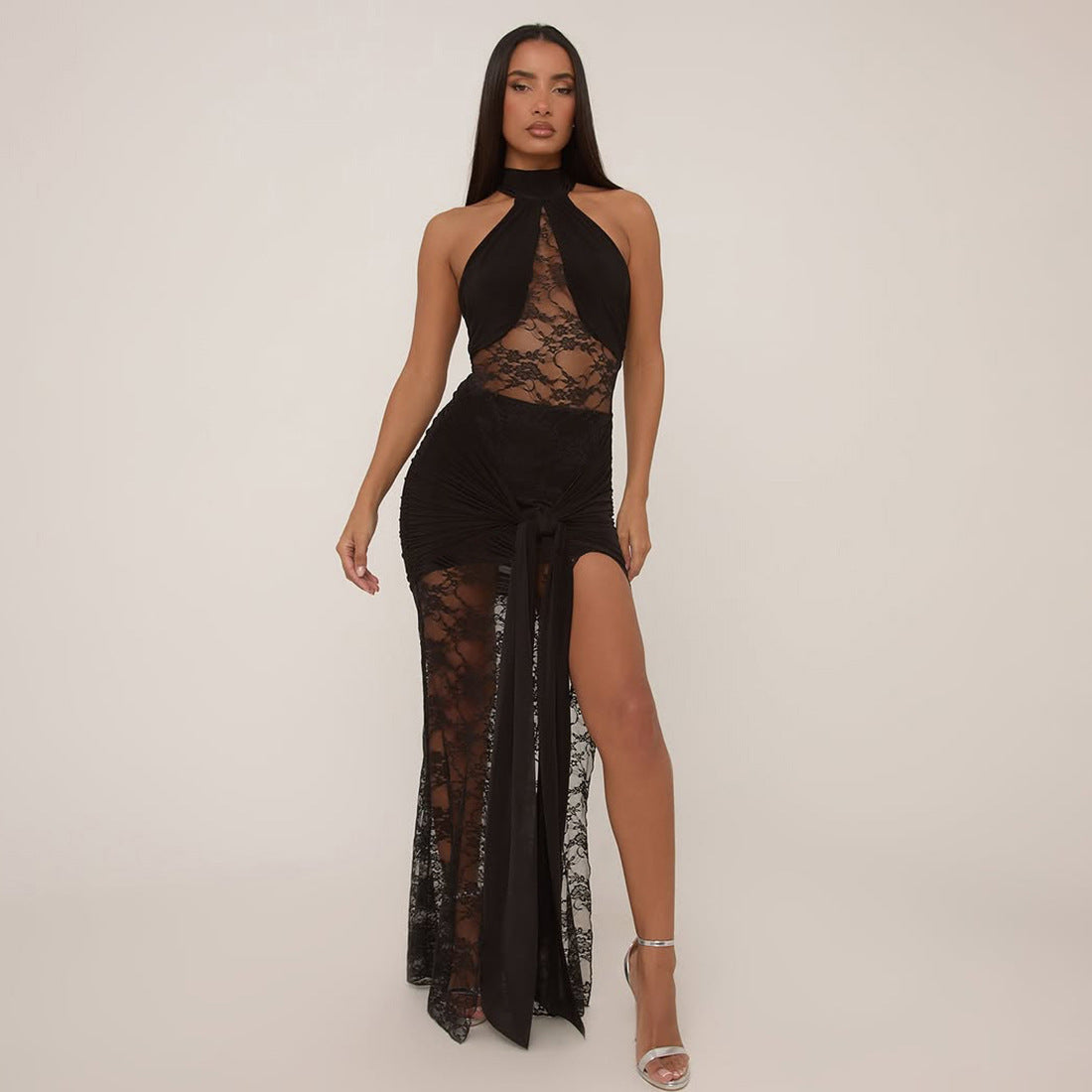 black slit lace spliced halterneck backless dress