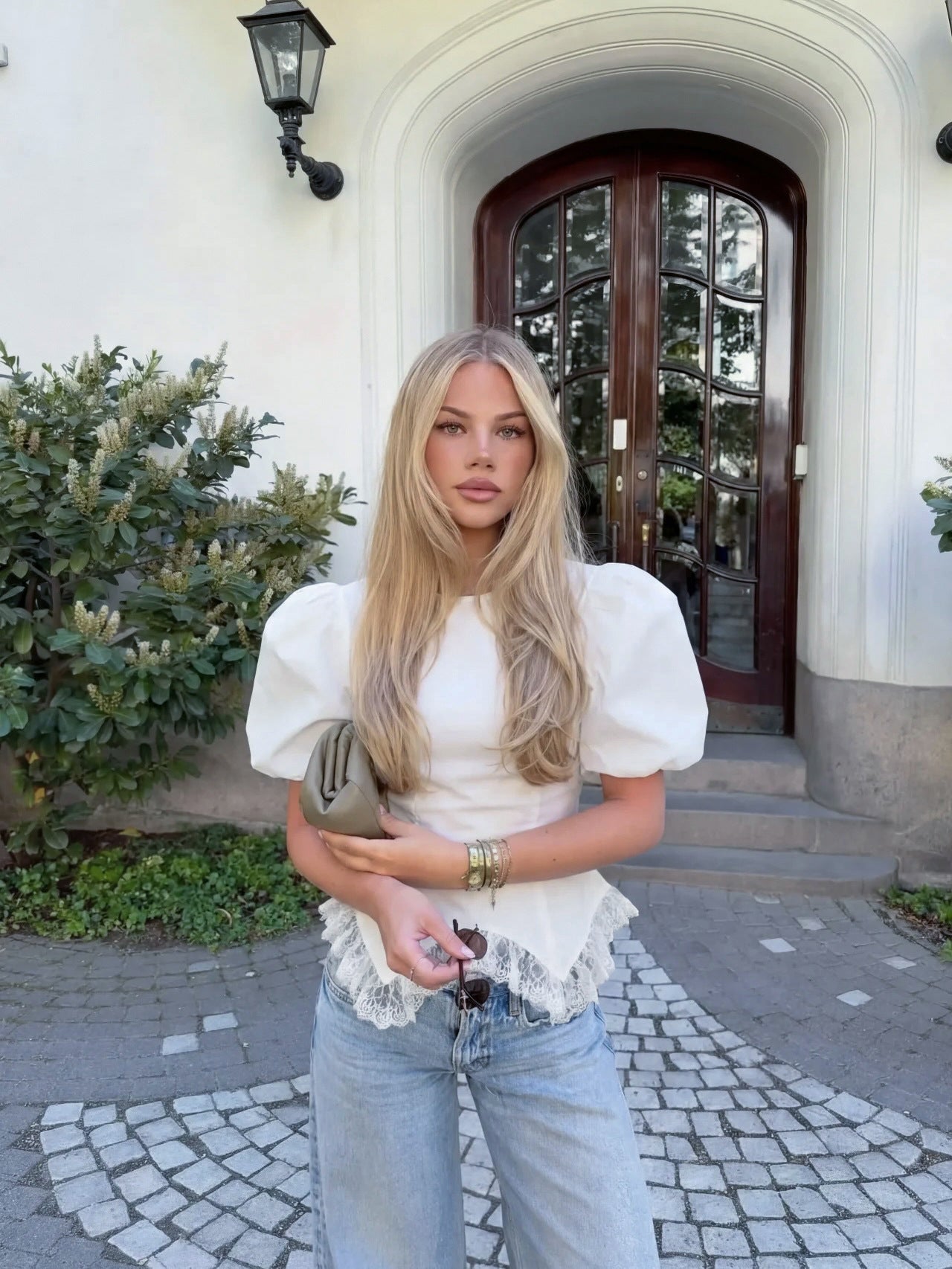 white irregular hem lace patchwork puff sleeves  short sleeve shirt