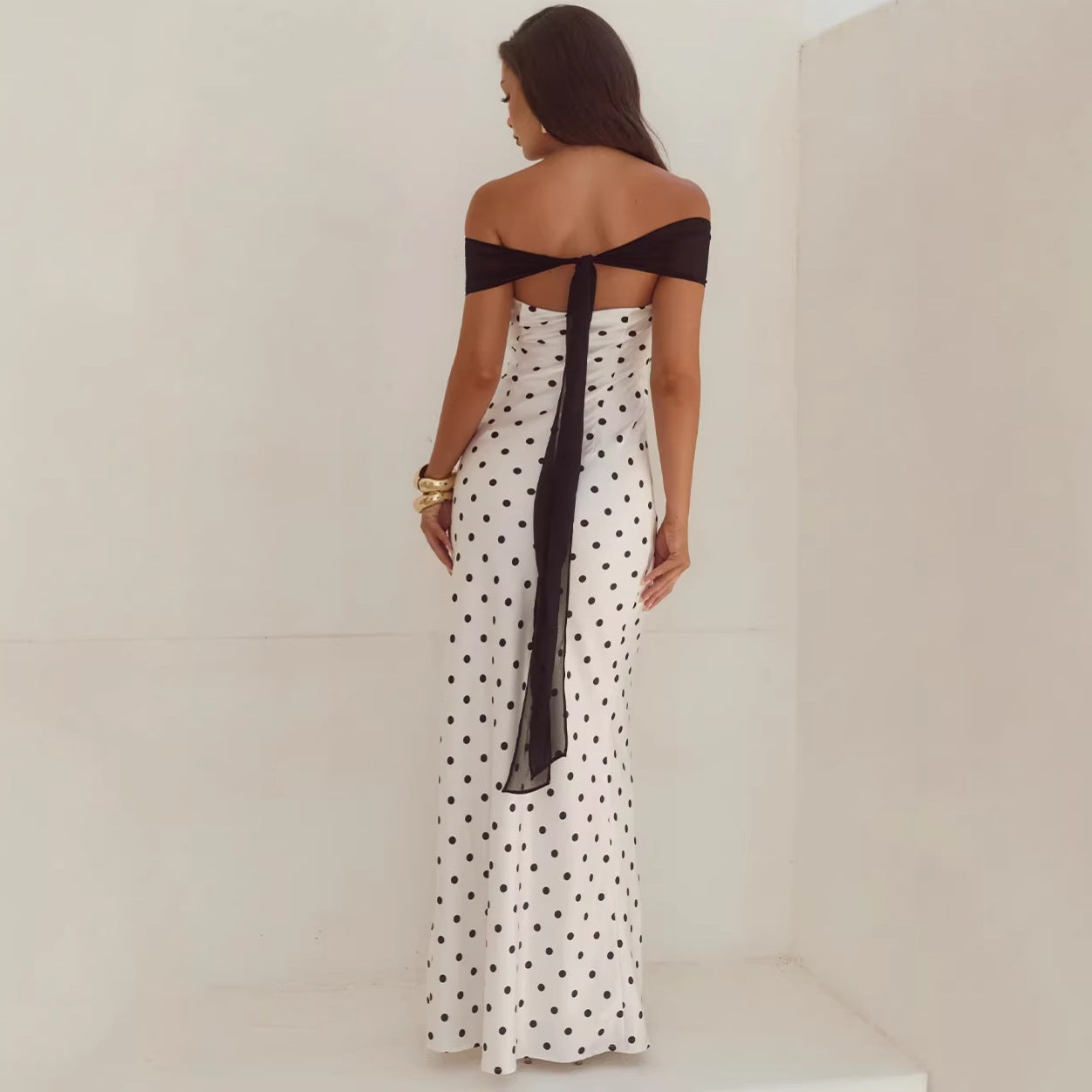 polka dot one-shoulder maxi dress