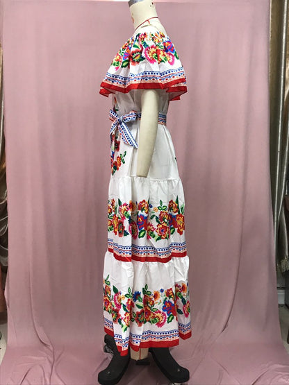 Off-shoulder printed maxi dress with a full skirt