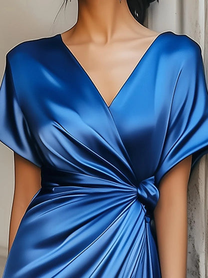 blue Satin V-Neck Short Sleeve maxi Dress