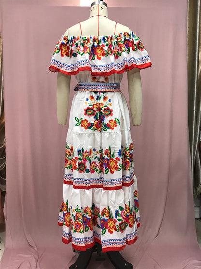 Off-shoulder printed maxi dress with a full skirt