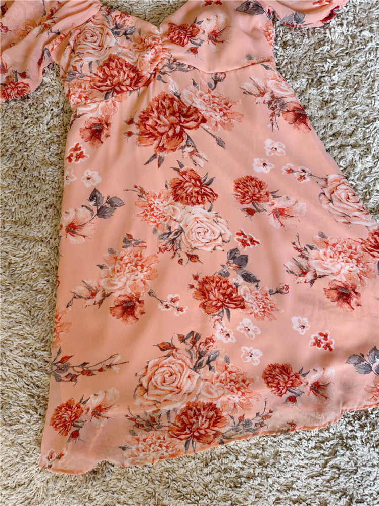 floral bow tie backless lantern sleeves dress