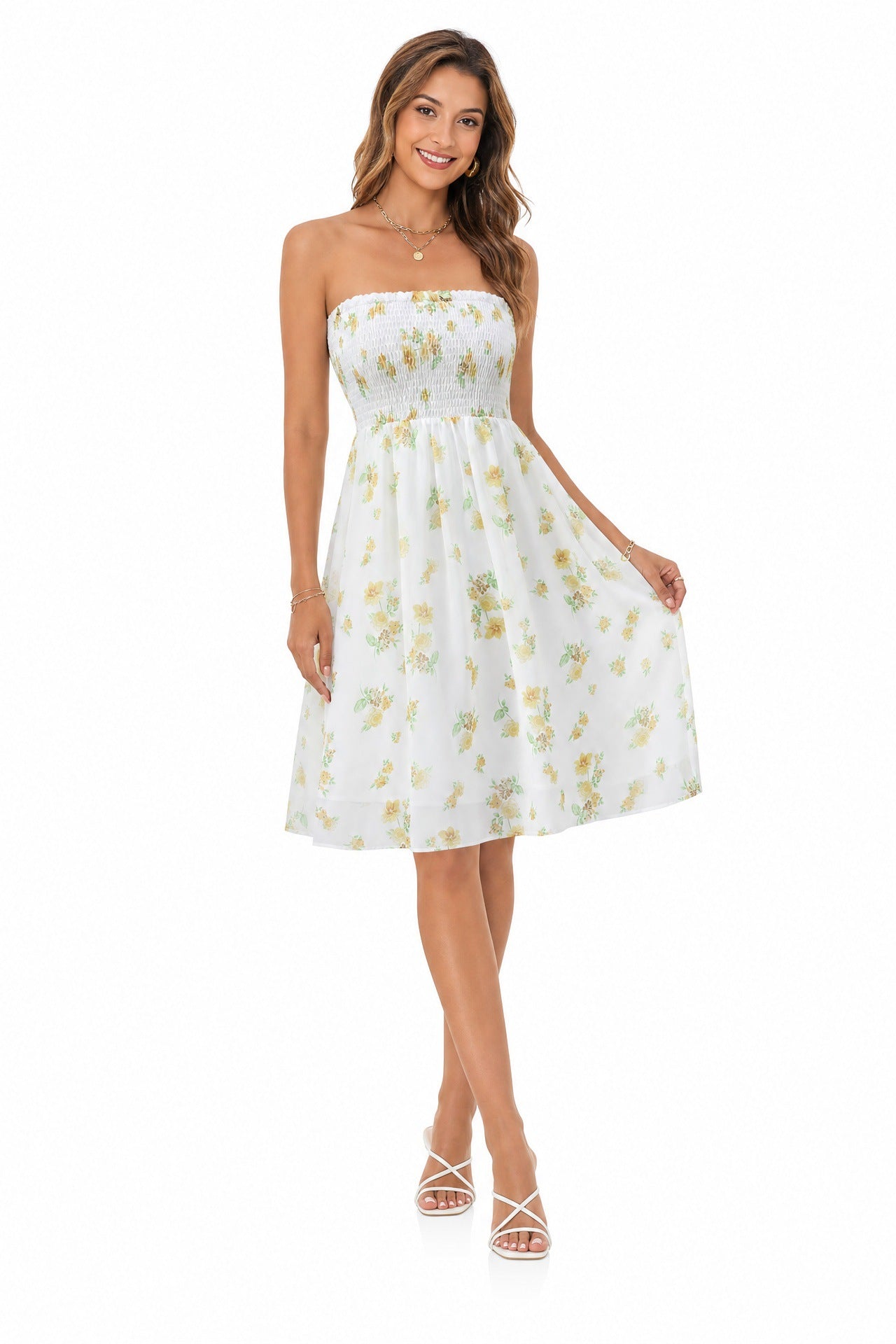 Beach-print strapless midi dress in yellow