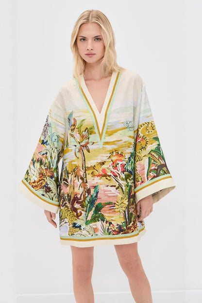 Vacation v-neck print long-sleeved mini dress