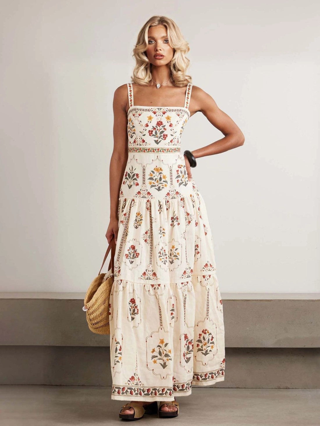 Bohemian square neck floral Print maxi dress - beige