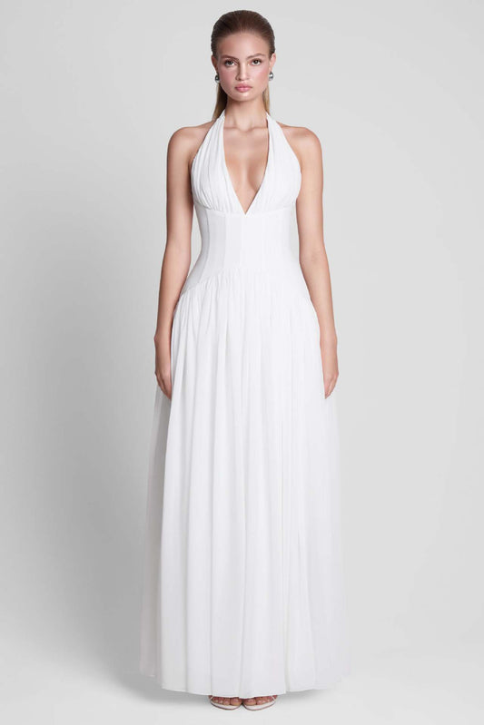 white suspender backless maxi dress
