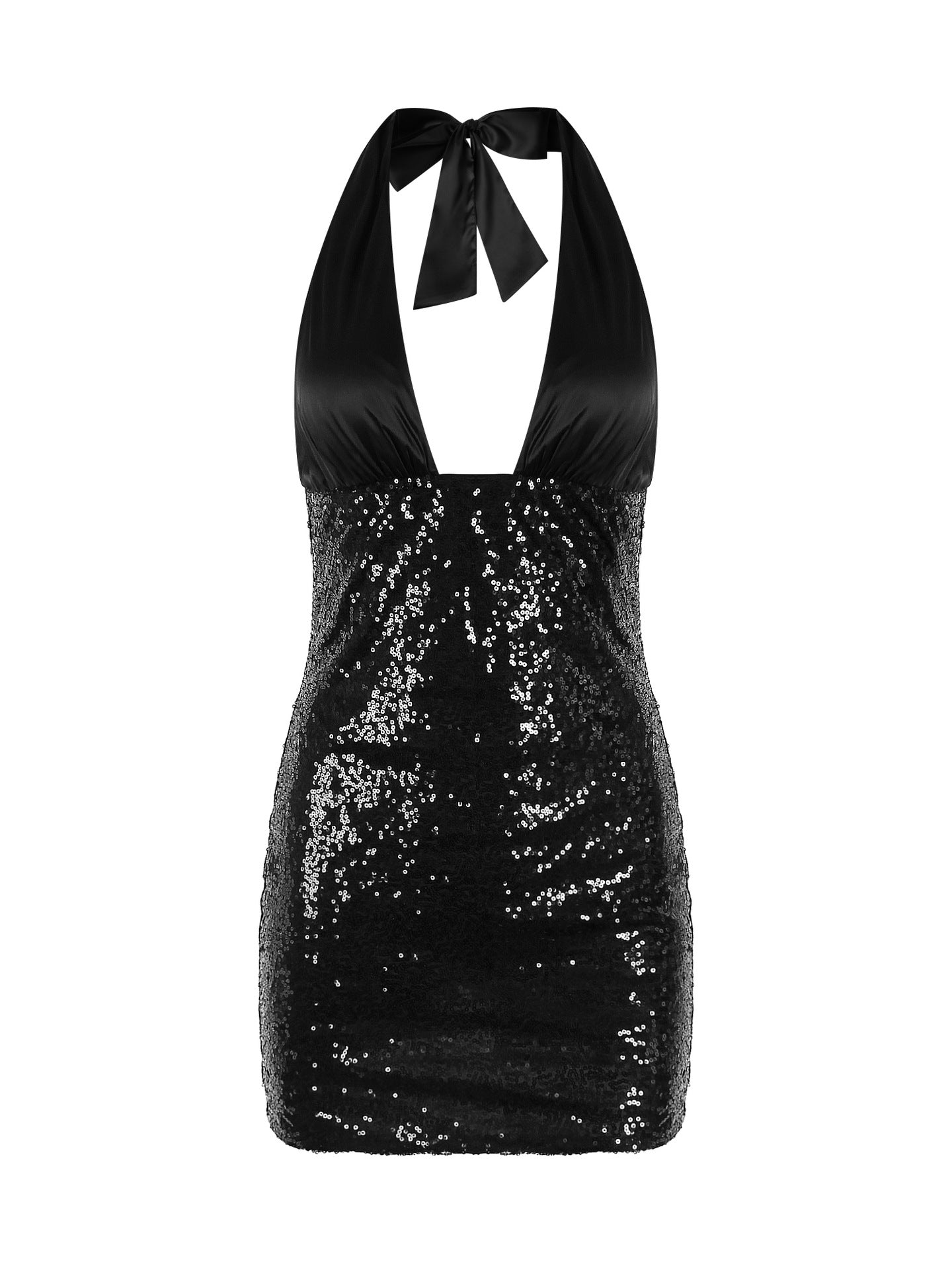 black deep V halterneck sequins buttock dress