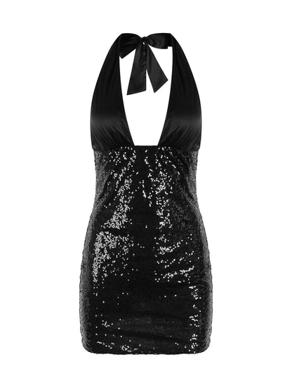 black deep V halterneck sequins buttock dress