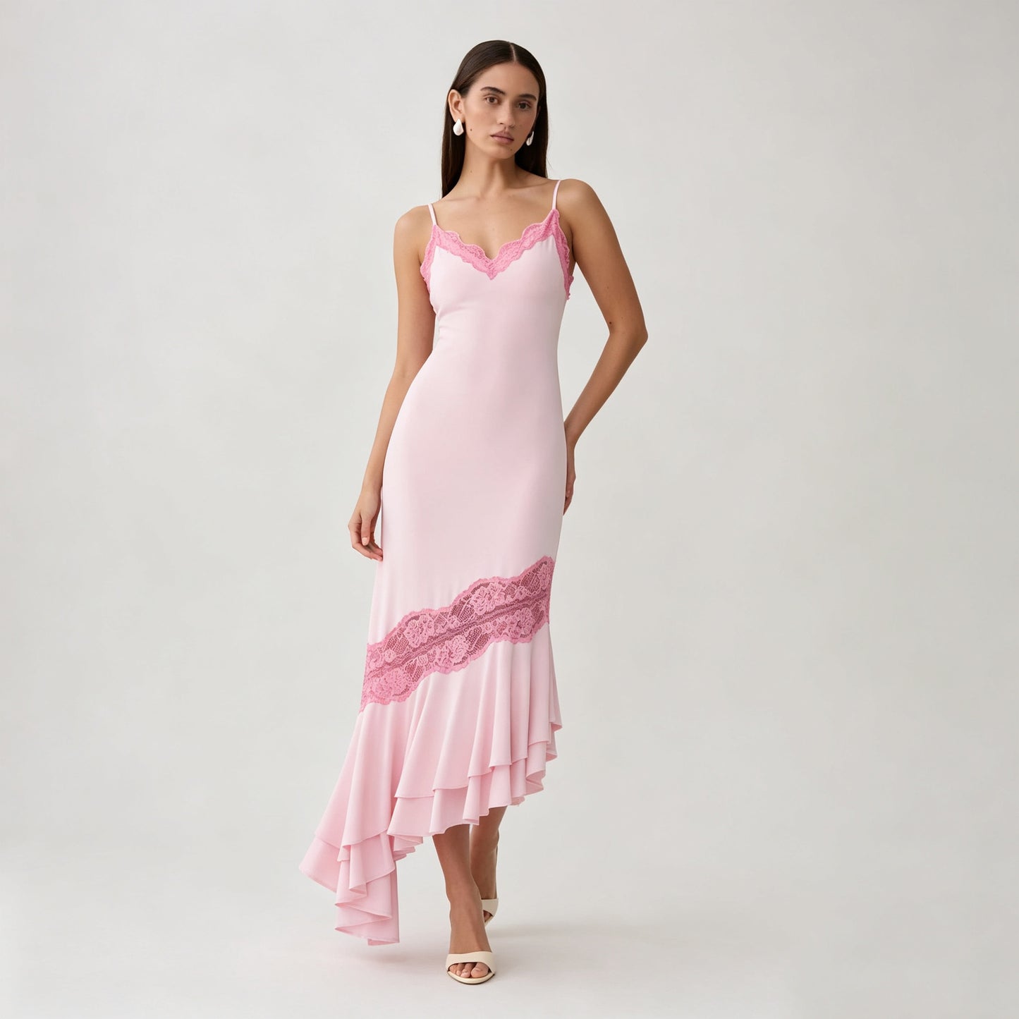 pink V-neck camisole maxi dress with asymmetrical lace splicing & cut-out