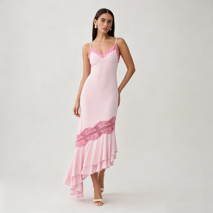 pink V-neck camisole maxi dress with asymmetrical lace splicing & cut-out