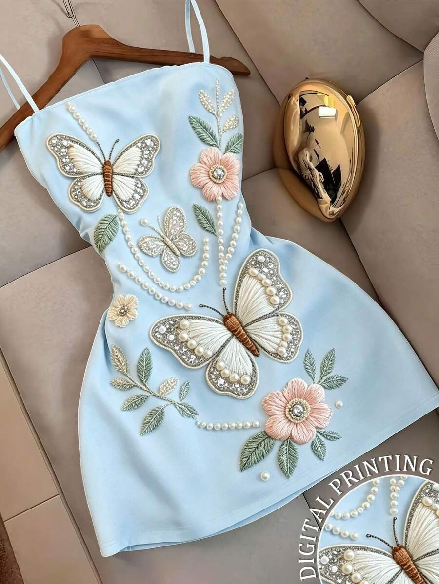 Butterfly floral print embroidered camisole mini dress