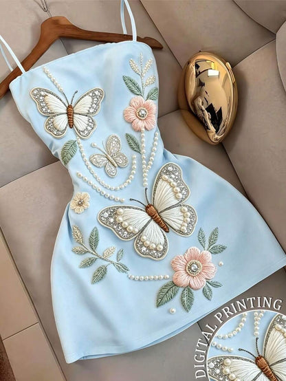 Butterfly floral print embroidered camisole mini dress