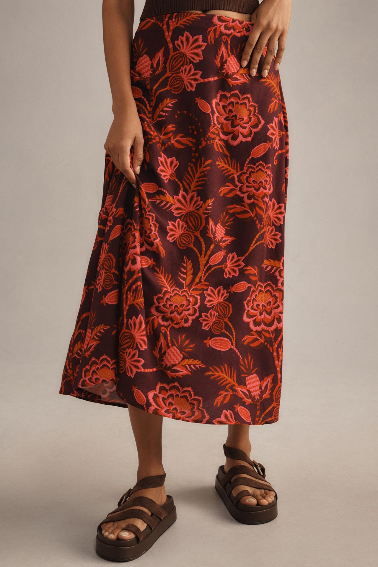 Resort-style floral printed A-line midi skirt