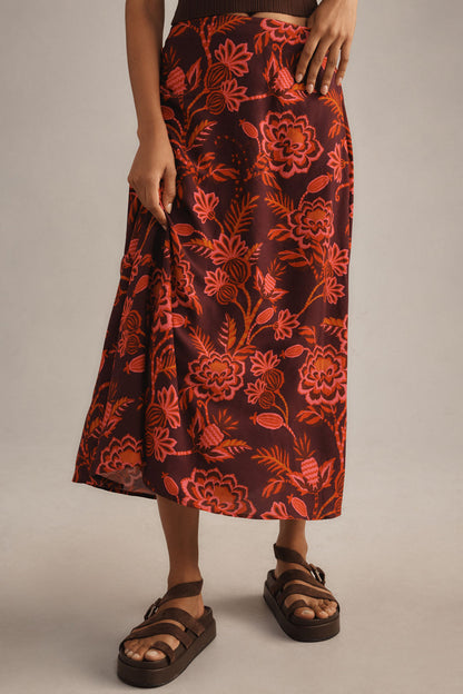 Resort-style floral printed A-line midi skirt