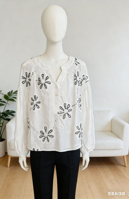 lower embroidery versatile stand-up collar long sleeve shirt