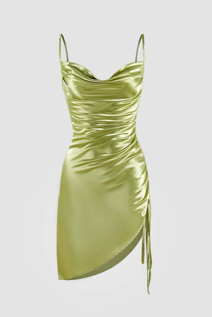 swing collar glossy satin drawstring strap suspender dress