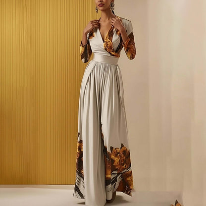 V-Neck Print Pleated Wide-leg Jumpsuit
