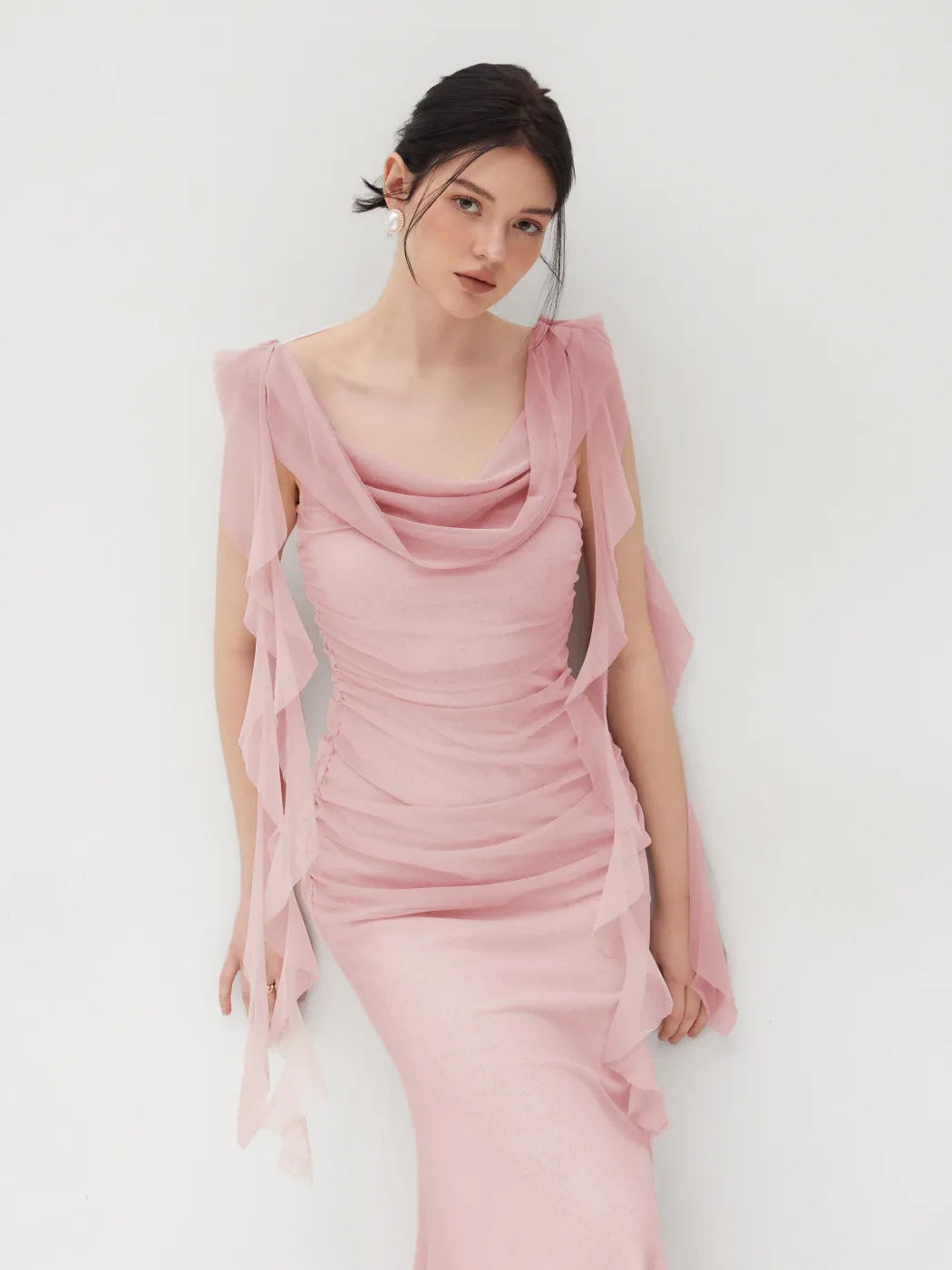 pink Suspender Lace Open Back Ruffle Dress