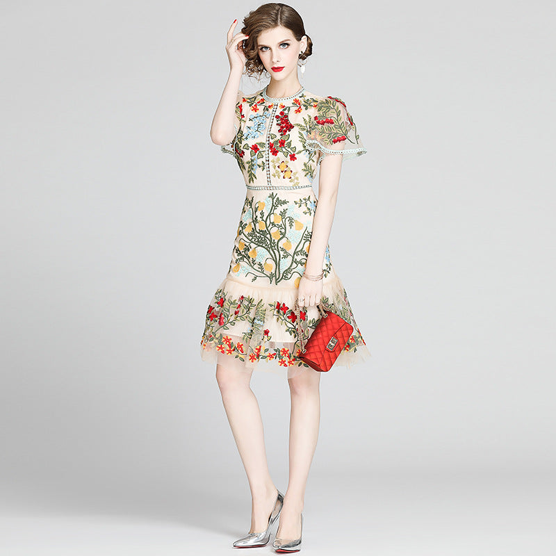 Lace Mesh Embroidered Ruffled Bodycon mini Dress