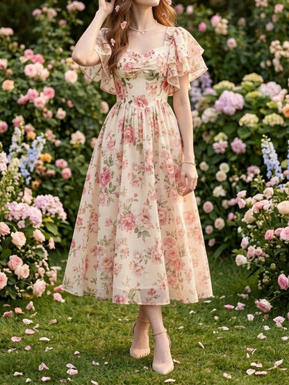 Square neck puff sleeve floral print midi dress