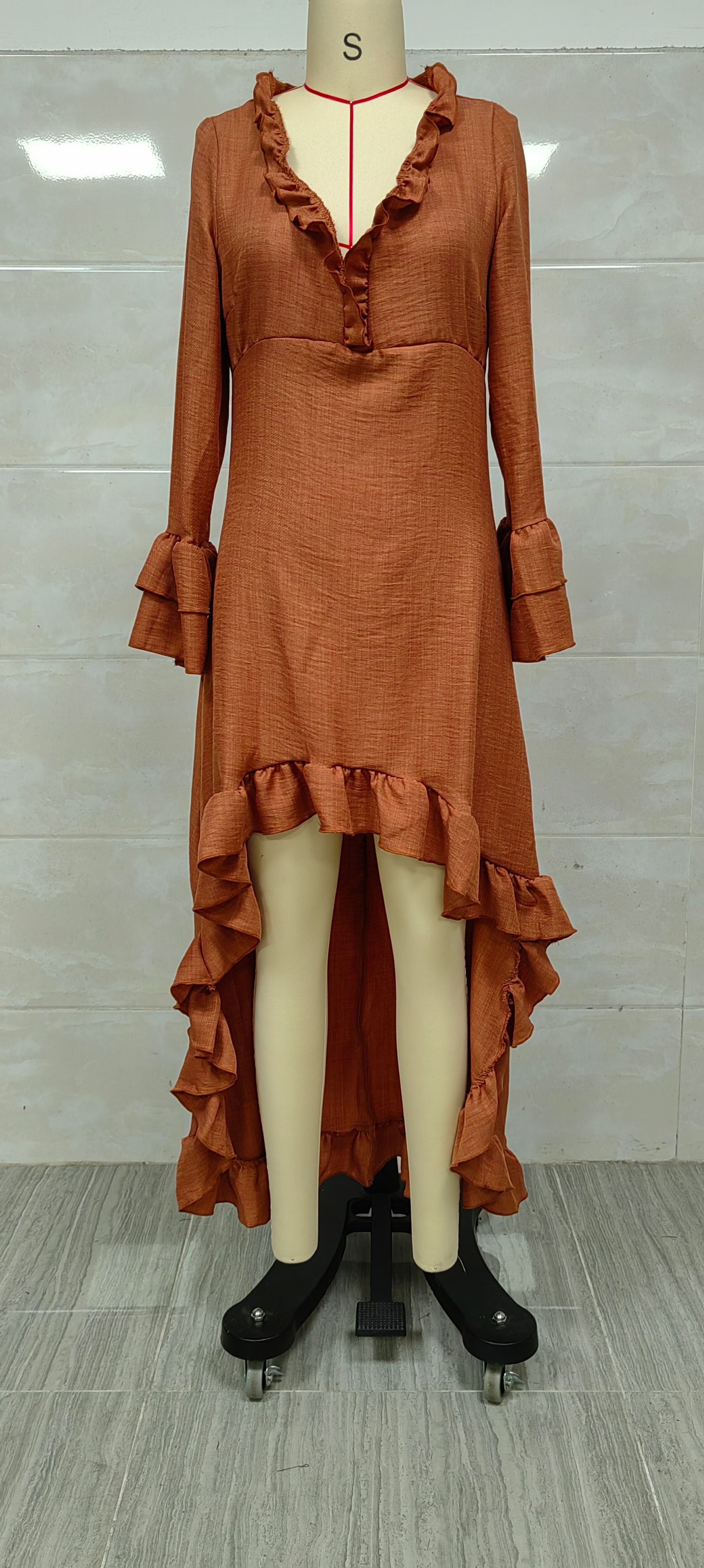 Bohemian-style ruffled asymmetrical V-neck maxi dress