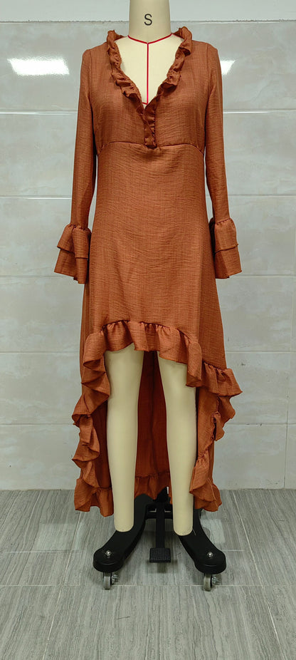 Bohemian-style ruffled asymmetrical V-neck maxi dress