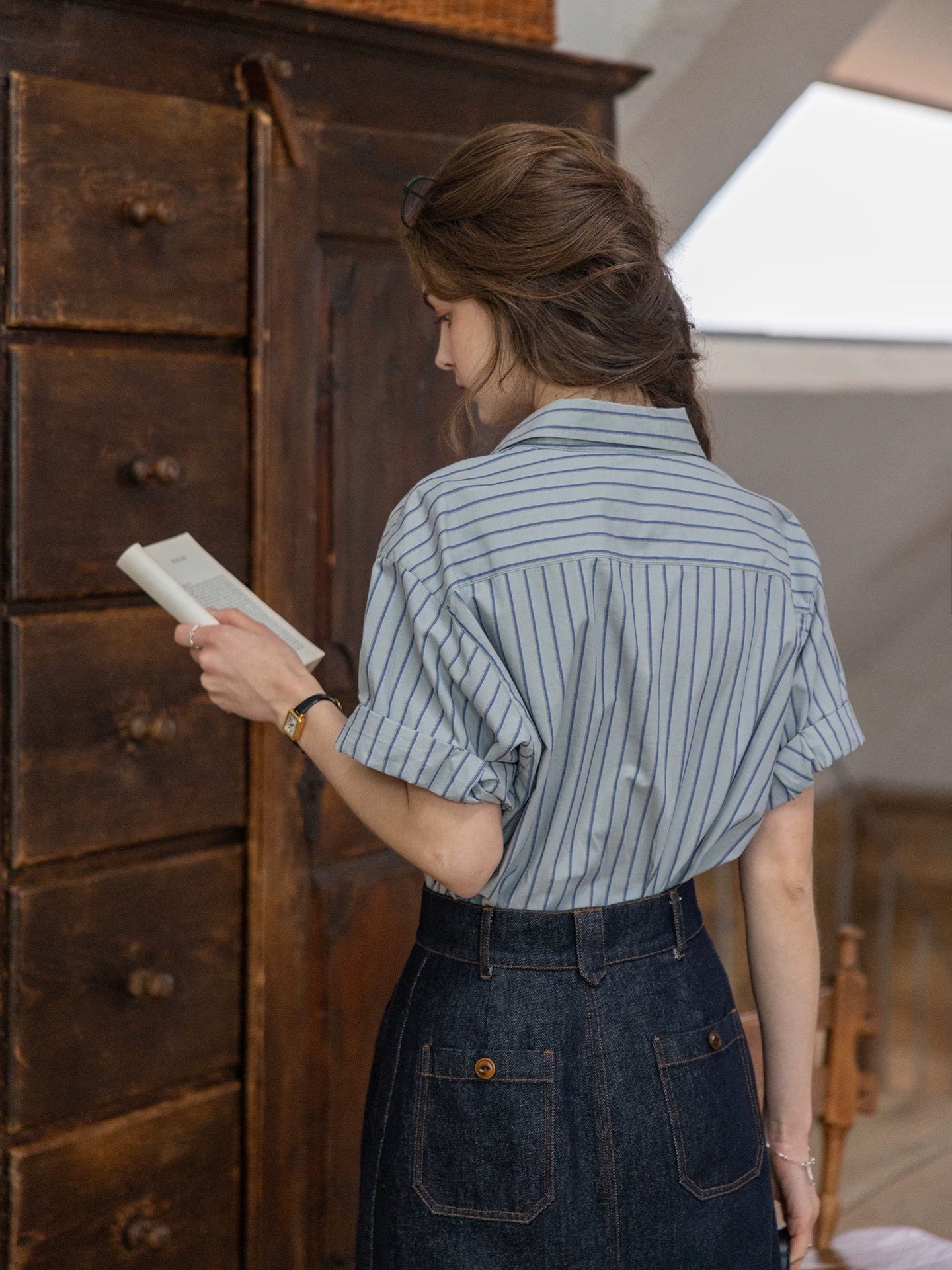 cotton dark striped color-block patchwork shirt