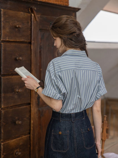 cotton dark striped color-block patchwork shirt