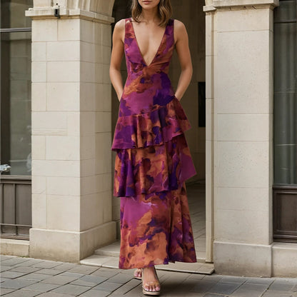purple V-neck print waist dress