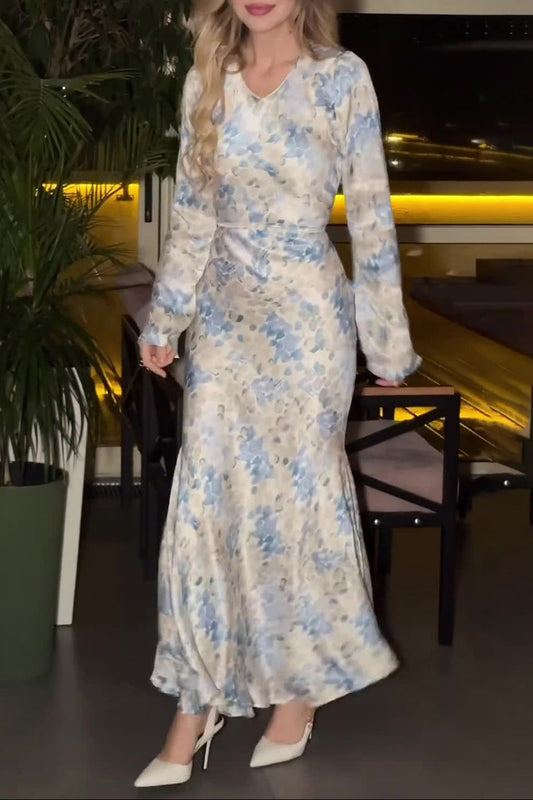 blue Satin floral Print maxi Dress