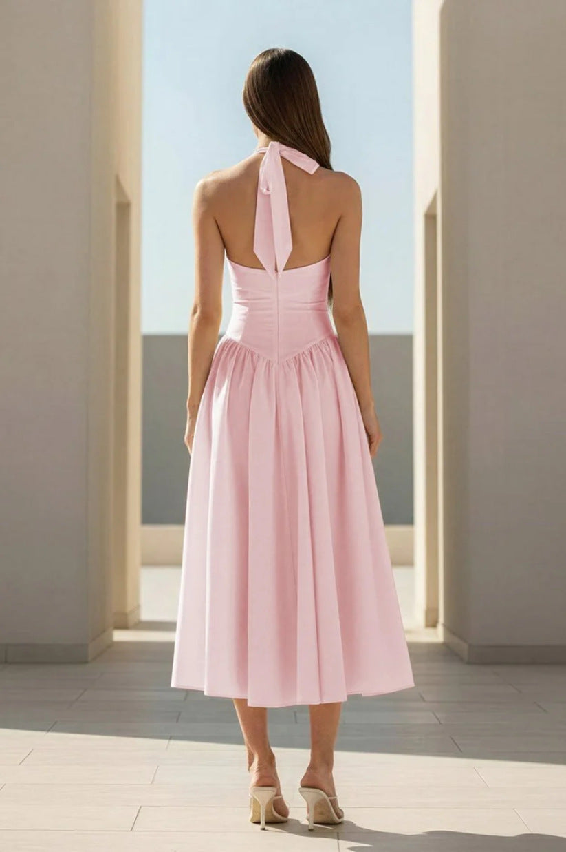 pink Halter Strappy Backless midi Dress