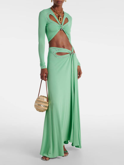 green long-sleeved  low-cut high-slit dress