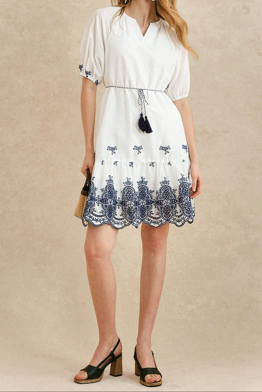 White floral embroidered ribbon crochet mini dress
