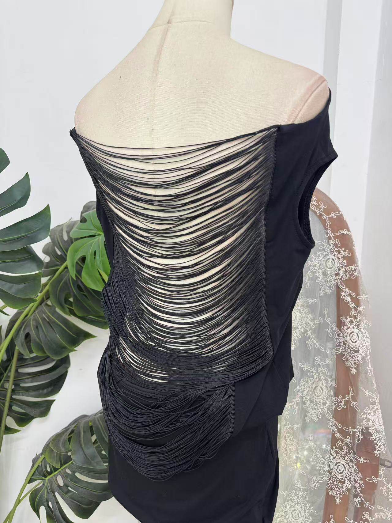 Black Off Shoulder Fringe Open Back Mini Dress