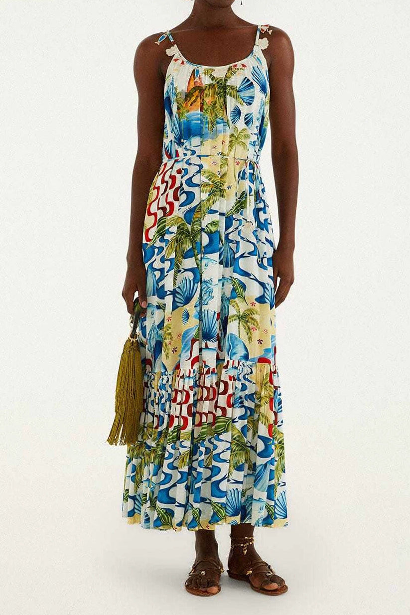 printed lace-up halter backless maxi dress