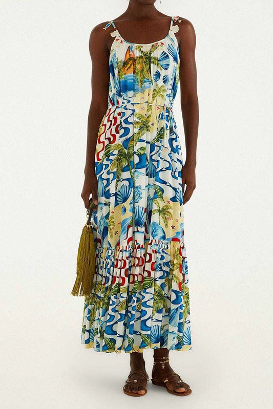 printed lace-up halter backless maxi dress