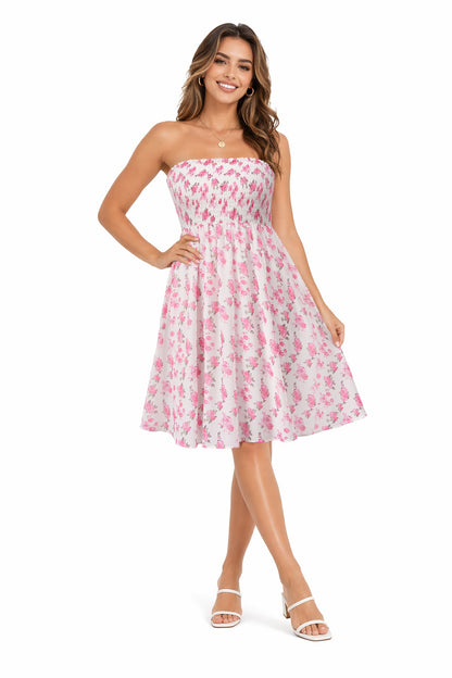Beach-print strapless midi dress in pink