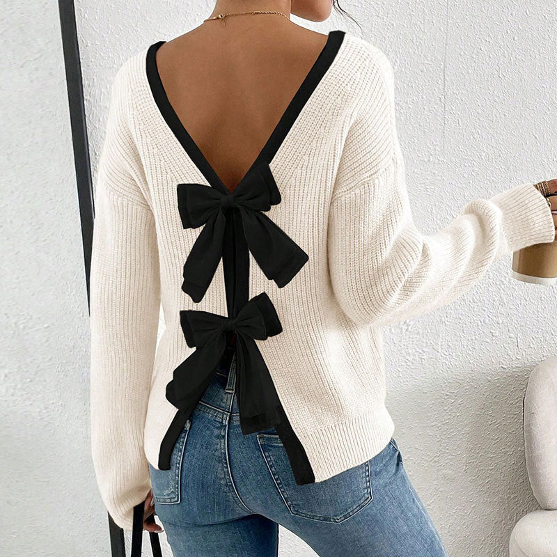 Cream Ribbed Knit Sweater with Black Contrast Neck Trim Premium Fabric - product view 2