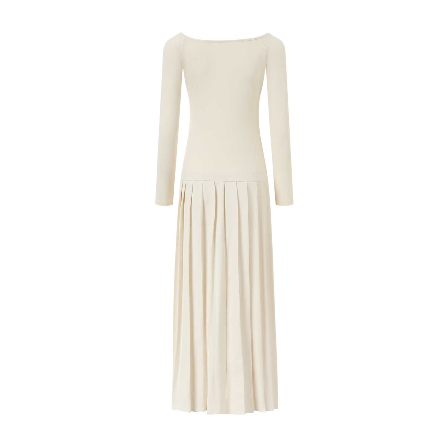 white Off-Shoulder Long-Sleeve Slit Pleated Dress
