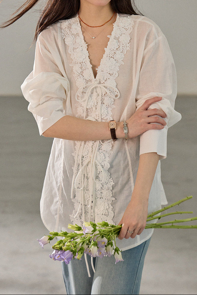 Retro V-neck lace embroidered Tencel shirt