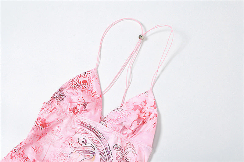 Printed Strappy Butterfly Backless Plunge Sheath Slip Maxi Dress