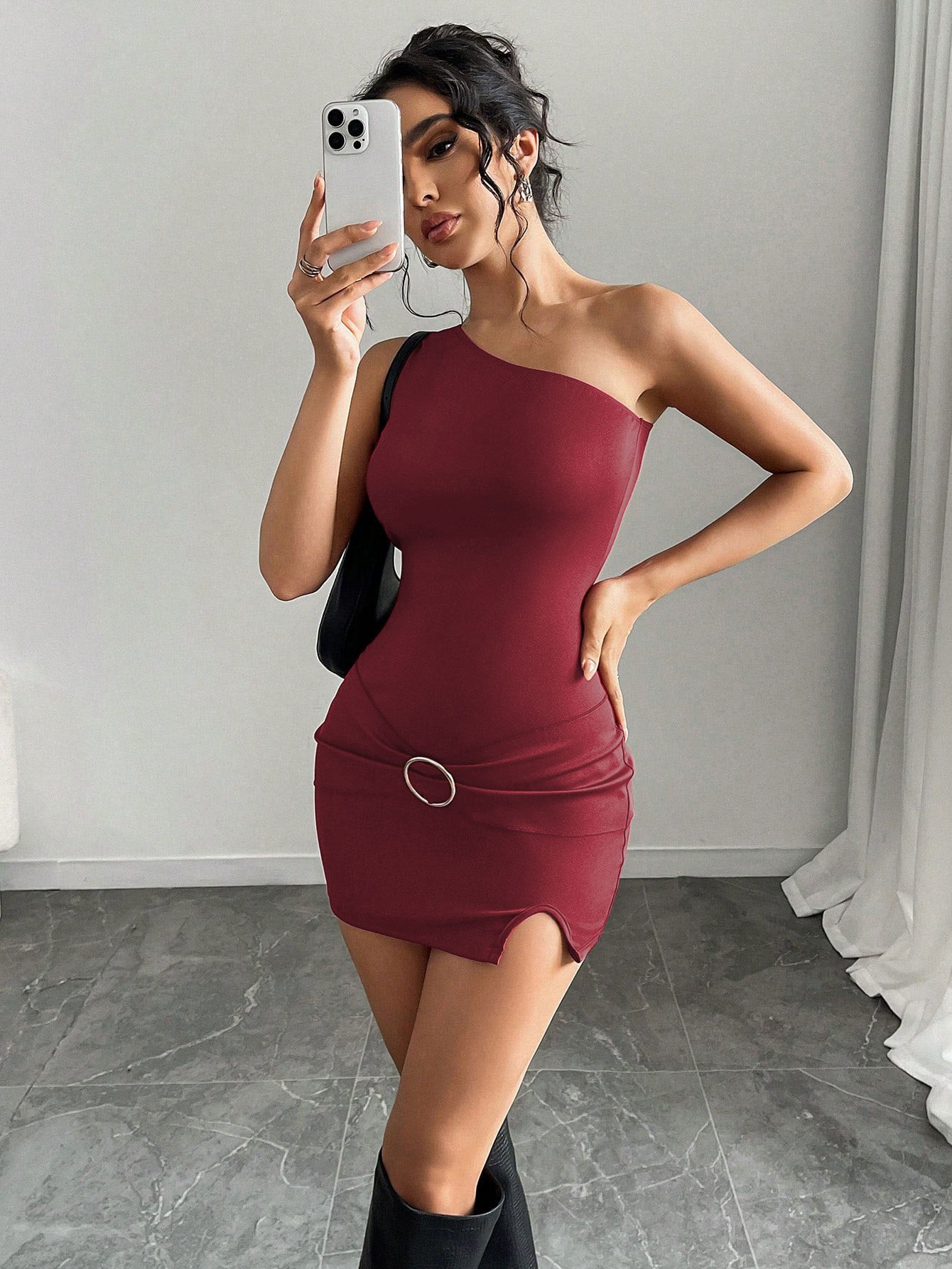 red Asymmetrical neckline mini dress